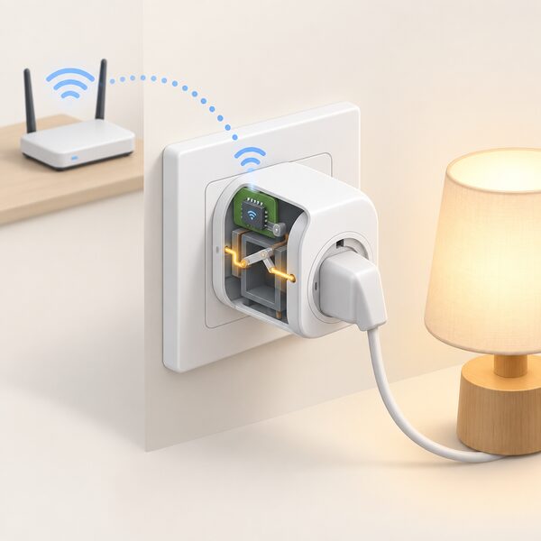 A cutaway view of a smart plug in a wall socket, with a Wi-Fi signal from a home router reaching it and, inside the plug, an internal switch shown open or closed on the path carrying electricity out to a plugged-in lamp.