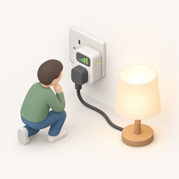 A smart plug with energy monitoring sits in a wall socket with a single household appliance's plug fitted into it, a small isometric figure kneeling beside it checking the reading on the plug's indicator, showing per-appliance electricity measurement at the socket.