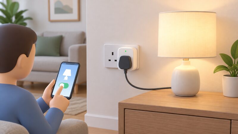 A small smart plug with energy monitoring pushed into a standard UK wall socket, with a lamp's plug inserted into it and a simplified figure holding a phone showing the lamp being switched remotely.