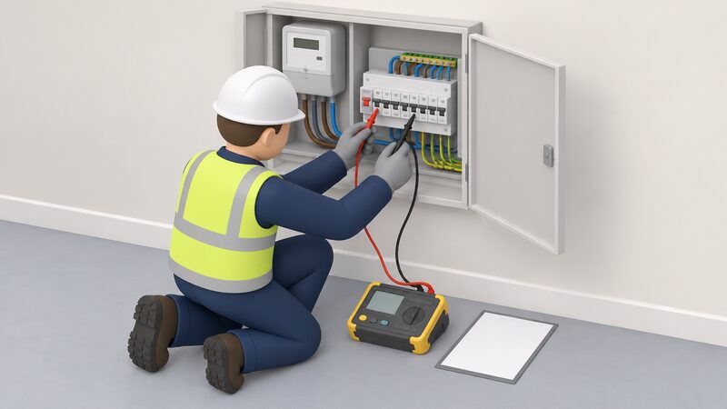 A simplified electrician figure kneels at an open meter box indoors, probing the consumer unit's circuits with a multifunction tester, its leads connected to the unit, with the supply shown isolated and a blank certificate sheet resting nearby on the floor.