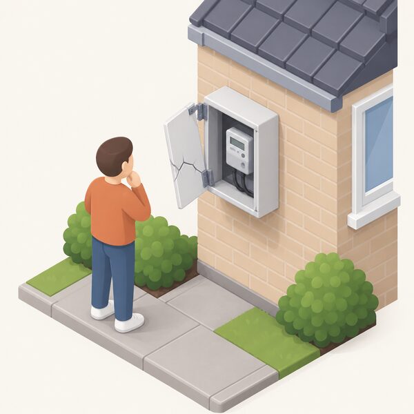 A surface-mounted electricity meter box fixed to the outside wall of a house with its door hanging cracked and loose on a broken hinge, the meter visible inside, while a small isometric householder stands beside the wall looking at the damage they must arrange to repair.