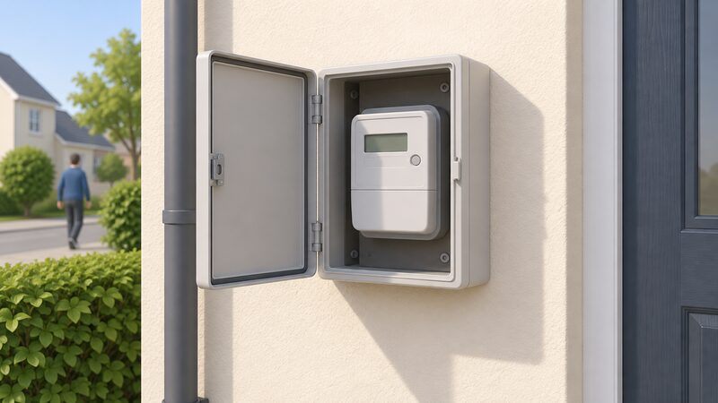 A surface-mounted electricity meter box fixed to an outside house wall with its hinged door open, revealing the supplier's electricity meter inside, drawn as a simple cutaway so the enclosure and the meter it contains are clearly two distinct things.