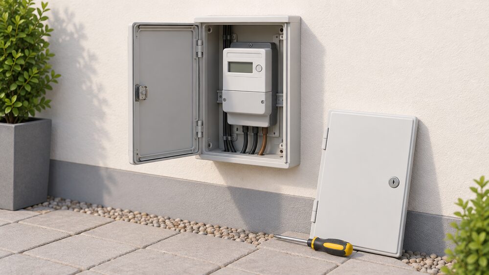 A surface-mounted electricity meter box on an outside wall with its door open showing the meter inside, a screwdriver and a new replacement door leaning beside it, ready for repair.