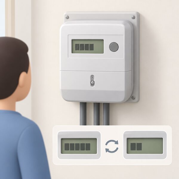 A two rate single display electricity meter mounted on a wall, its one digital screen shown mid-cycle with two plain reading blocks alternating, drawn as a normal healthy unit with no sparks, burn marks or damage.