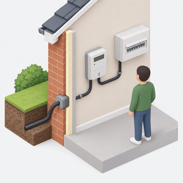 A cutaway view of a UK home wall showing a smart electricity meter mounted on the incoming mains supply cable entering the property, with the supply cable running from outside through the wall to the meter and onward to the consumer unit, and a small isometric figure standing nearby looking at the sealed meter unit.