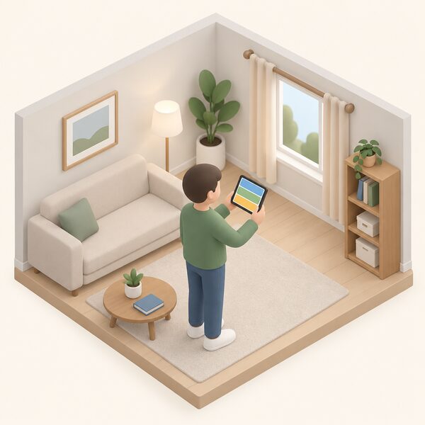 A small isometric figure stands in a home room holding a portable touchscreen in-home display at eye level, the device shown as a handheld object with a plain screen carrying only simple colour blocks, with no meter or other equipment visible.