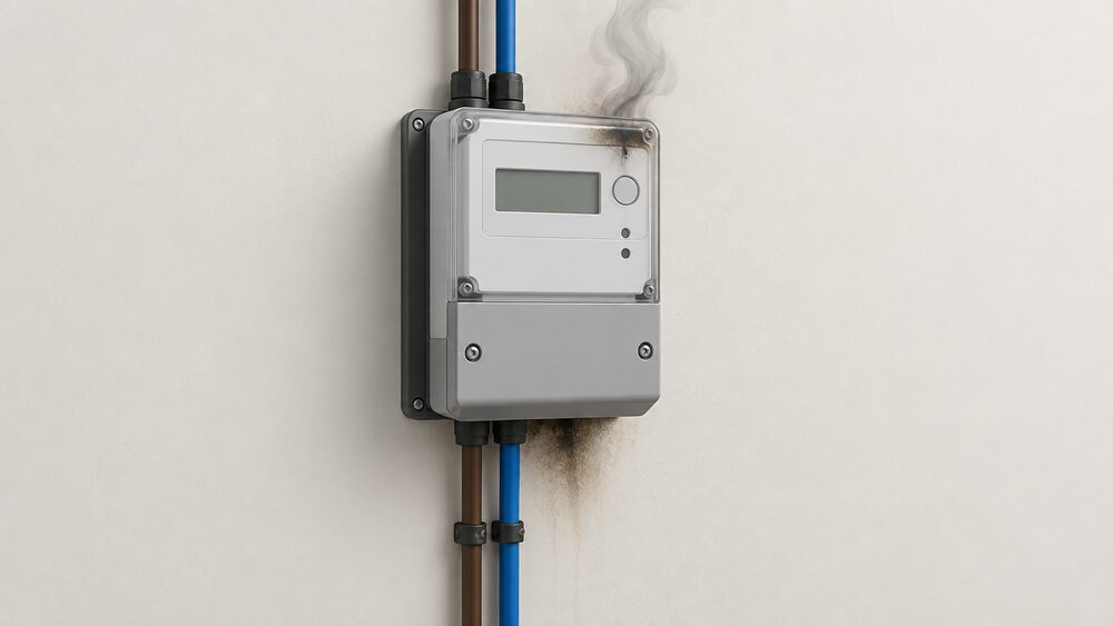 A close-up of a sealed electricity meter on a wall, with thin smoke rising from its casing and faint scorch marks below it, its incoming and outgoing tails visible but untouched, and nothing else in the scene.