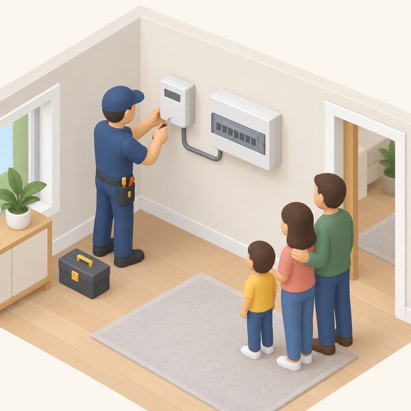 A simplified isometric installer fitting a smart electricity meter on an interior wall of a home, the compact meter unit fixed to the plasterboard near the consumer unit with a short cable run, while the household watches the completed installation at no charge.