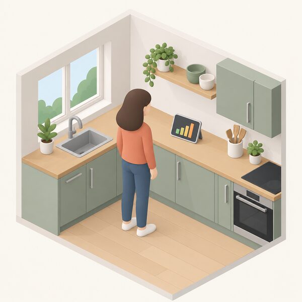 A small isometric figure standing in a home kitchen looking at an in-home display on the worktop, its screen showing a plain colour band and simple bar graph of energy use with no readable words or numbers.