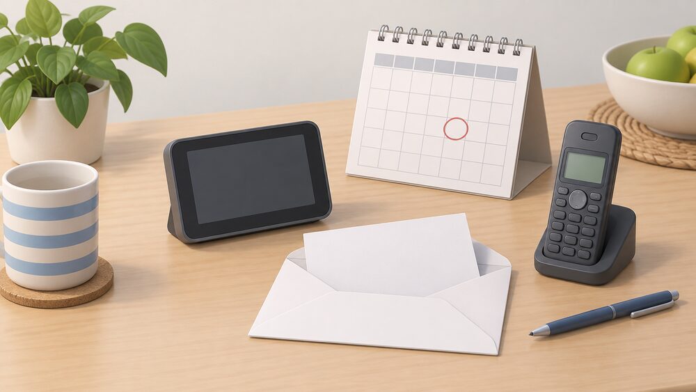 A small arrangement on a kitchen table showing a smart meter in-home display standing beside a blank appointment letter in an open envelope, a wall calendar with a circled blank square, and a telephone, the moment of rearranging a missed installation visit.