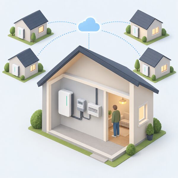 A small rectangular home battery mounted on the inside wall of a house, shown in a simple cutaway with a cable running to the household meter and consumer unit, and a faint network of similar wall batteries in neighbouring homes linked by signal lines to suggest software coordinating them as one resource.