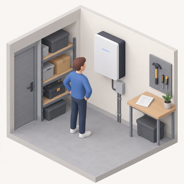 A compact wall-mounted home battery unit in a tidy utility room or garage, with a folded warranty document lying on a small nearby table, an isometric householder standing beside it looking at the installation.