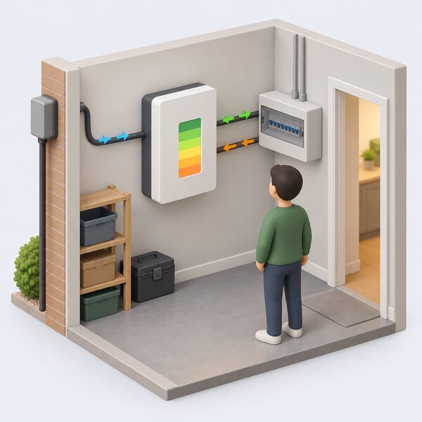 A wall-mounted home battery in a utility space shown as a simple cutaway with plain colour bands inside indicating stored charge, connected by cable to the household consumer unit and to an incoming supply, still functioning as ordinary storage equipment.