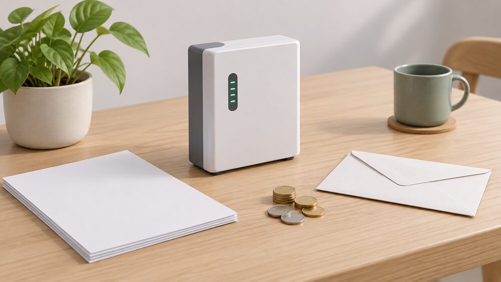 A small model of a wall-mounted home battery sits on a table beside blank paperwork, a sealed envelope and a few coins, suggesting a battery owner sorting out what a closed membership scheme means for their reward and warranty.