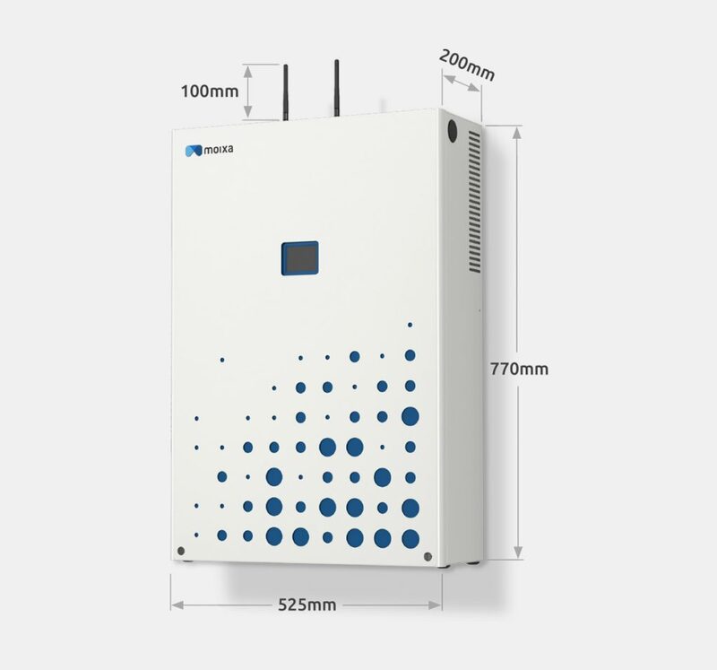 A white Moixa smart home battery unit shown with dimension annotations (525mm x 770mm x 200mm)