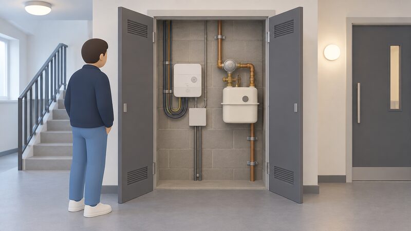 An open communal meter cupboard in a block of flats with a wall-mounted smart electricity meter beside a gas meter, both on pipework and cabling, with no display present since it lives inside the flat.