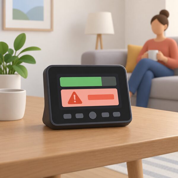 A smart prepayment meter's in-home display sitting on a table in a flat, its screen showing the credit balance as a plain colour band and a low credit alert as a simple warning block, with no readable words or numbers.