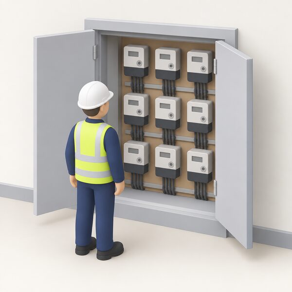 A bank of electricity meters inside an open communal cupboard in a block of flats, with a simplified engineer figure standing at the open cupboard door facing the meters.