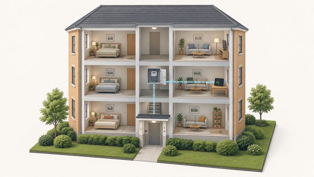 A cutaway of a small block of flats showing a smart meter inside a communal meter cupboard on a shared landing, connected by wiring to one flat where a portable in-home display sits on a table showing energy use.