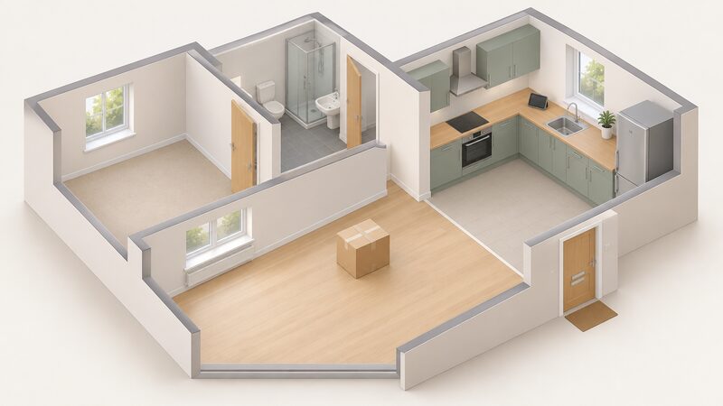 An empty rented flat at the end of a tenancy, with a sealed cardboard box of belongings on the floor and the in-home display unit left behind on the kitchen counter, its small screen shown blank.