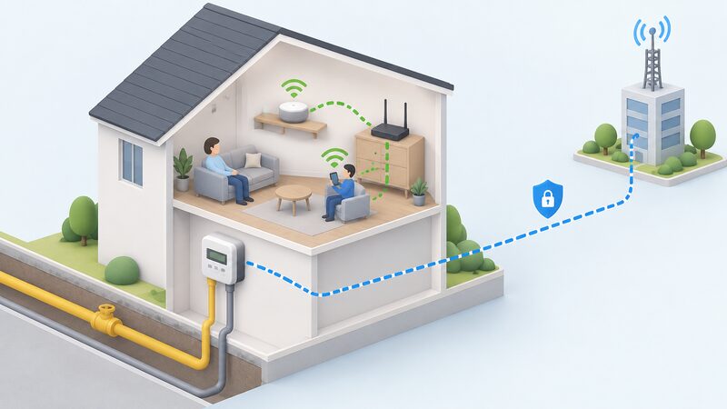 A simplified diagram of a house showing a smart meter sending readings to a supplier over a separate secure network path, and a Home Mini on a shelf sending data over a wi-fi path to a phone app, with the two routes clearly distinct.