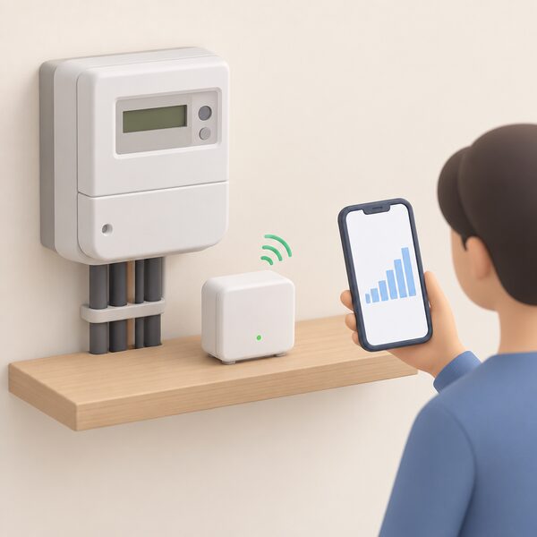 A small Home Mini companion device sitting on a shelf near a smart electricity meter, with a smartphone beside it showing a plain live usage graph as a simple rising step, illustrating near real-time app updates.