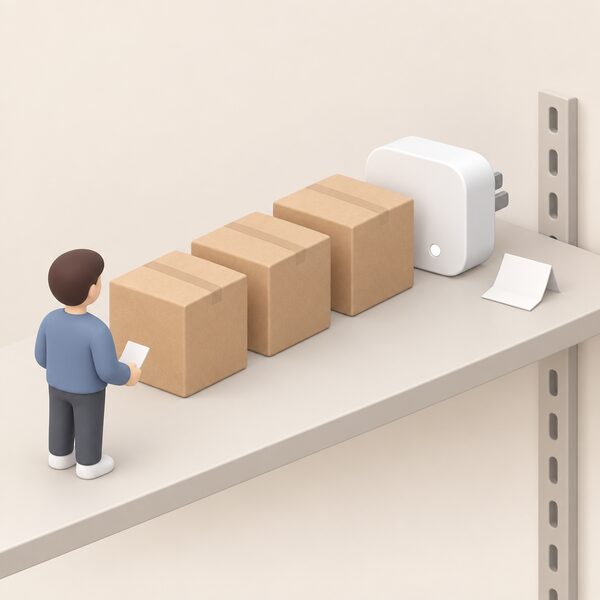 A small white Home Mini hub device sitting at the back of a simple queue of plain blank boxes on a shelf, with a short plain paper slip beside it, suggesting limited stock and an order-of-receipt waiting list.