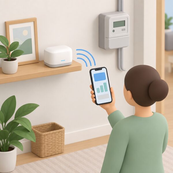 A small Home Mini device on a shelf in a home interior sending a wi-fi signal, shown as curved arcs, to a smartphone held in a simplified figure's hand, with the phone screen showing plain colour blocks representing the app and online account data.