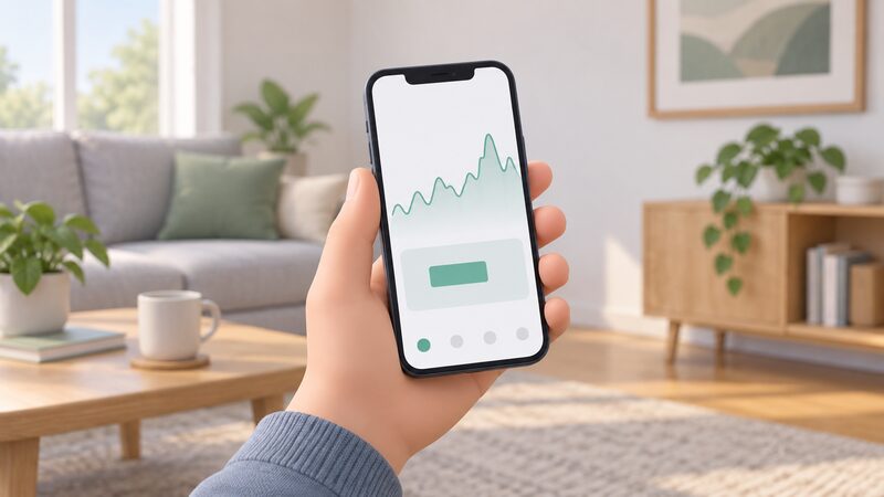 A hand holding a smartphone in a home setting, the screen showing a plain line graph of live electricity usage and a simple block representing the day's cost, with no separate display device anywhere in the scene.