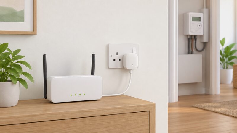 A small white Home Mini plugged into a wall socket beside a home router, with a smart electricity meter visible in the background of the room.