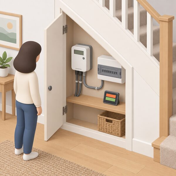 A smart electricity meter mounted on the wall of an under-stairs cupboard in a home, with its incoming supply cables and a cable running to the household consumer unit, and a small portable in-home display nearby showing plain colour bands for peak and off-peak periods.