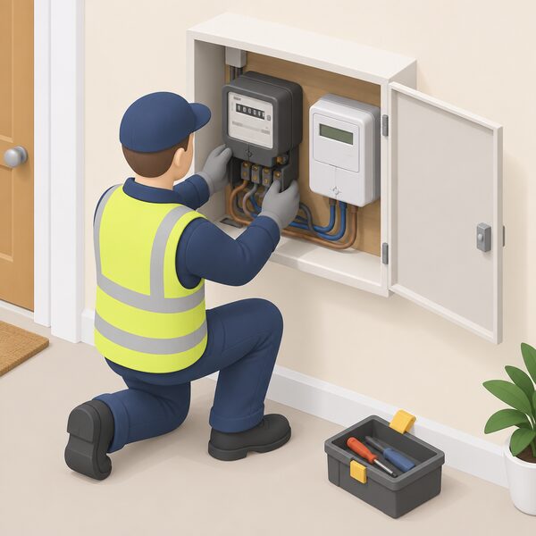 An installer kneeling at a consumer unit area swaps an older Economy 7 electricity meter fitted in a domestic meter box for a new replacement meter, the old unit partly disconnected with its wiring exposed and the new meter ready beside it.