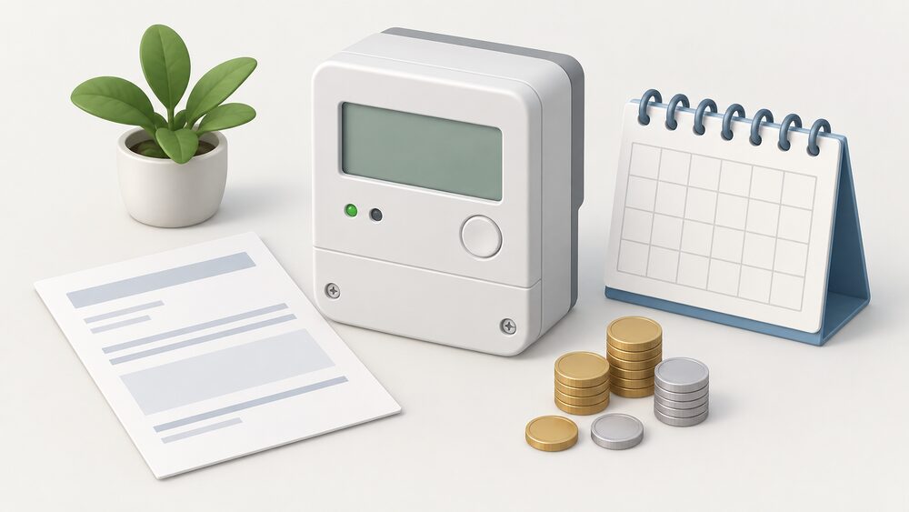 A close-up tabletop arrangement of a domestic smart electricity meter with a blank display standing beside a blank paper bill, a small stack of coins and a blank wall calendar, suggesting the link between metered usage times and billing.