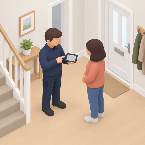 A small isometric installer figure standing in a home hallway beside the householder, holding and pointing at a handheld in-home display with a plain screen, demonstrating it as it is offered during the smart meter installation appointment.