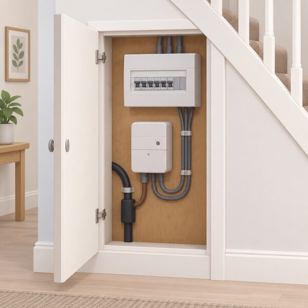 A smart electricity meter mounted inside an open under-stairs or hallway meter cupboard in a home, with the incoming supply cable and consumer unit connections visible, shown as a fitted installation a household may accept or refuse.