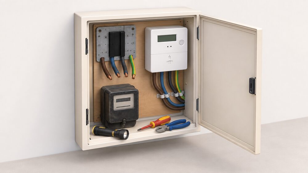 A close-up of an open domestic meter cupboard with the old electricity meter removed and a new smart meter sitting beside it ready to be fitted, a torch and an engineer's hand tools resting on the clear shelf below, with the supply cables safely disconnected.