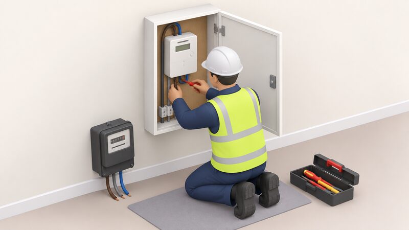 An engineer kneeling at an open domestic electricity meter cupboard, old meter removed and a new smart electricity meter partly wired into the incoming supply and consumer unit connections, with the supply switched off during the swap.