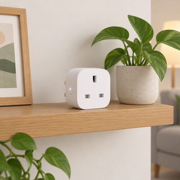 A small smart plug sitting on a wooden household shelf beside a potted plant, shown as a plain consumer connected energy product of the kind the three security requirements apply to, with no packaging, labels or screens carrying readable content.