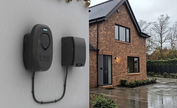 A dark grey Sync Energy EV charge point mounted on a white wall outside a brick house, with a tethered cable and a small grey enclosure beside it