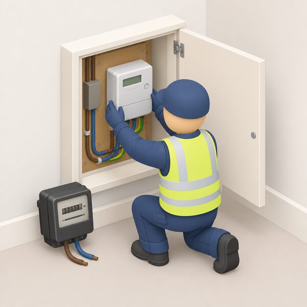 A small isometric installer figure fitting a smart electricity meter inside an indoor meter cupboard, the new smart meter seated where a traditional meter with a mechanical dial display has been removed, with connecting cables and the open cupboard door visible.