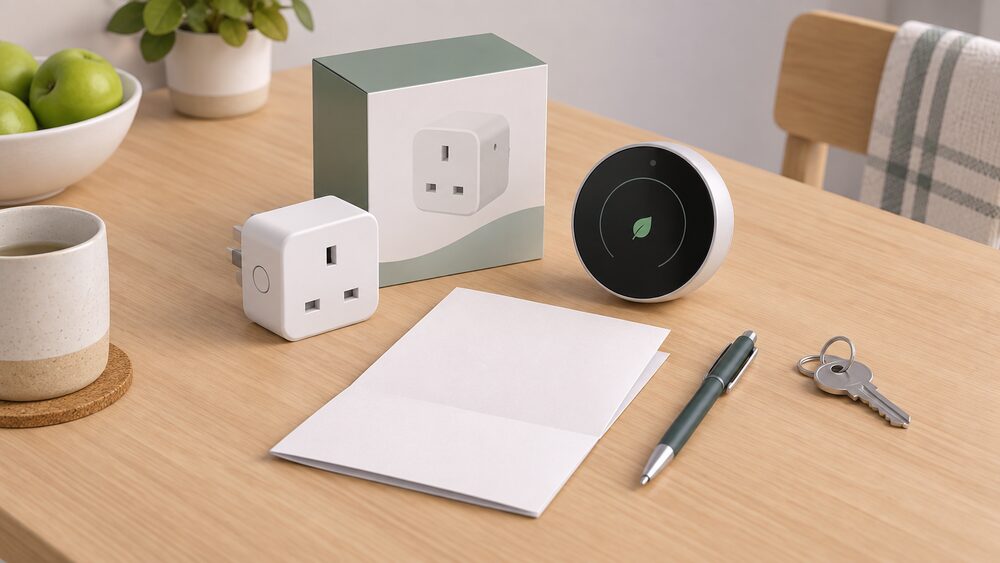 A small arrangement on a kitchen table: a blank folded statement of compliance document lying beside a boxed smart plug and a smart thermostat, with a pen and a house key nearby, suggesting a household checking a connected device's paperwork before buying.