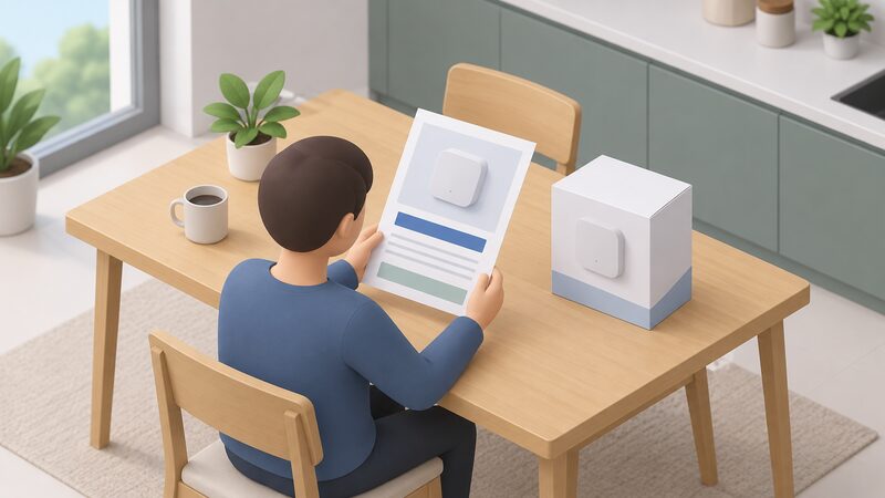 A shopper at a kitchen table holds a printed product page for a connected home energy device, the sheet showing a plain colour band and blank lines standing in for the published security support period statement, beside the boxed device ready for supply.