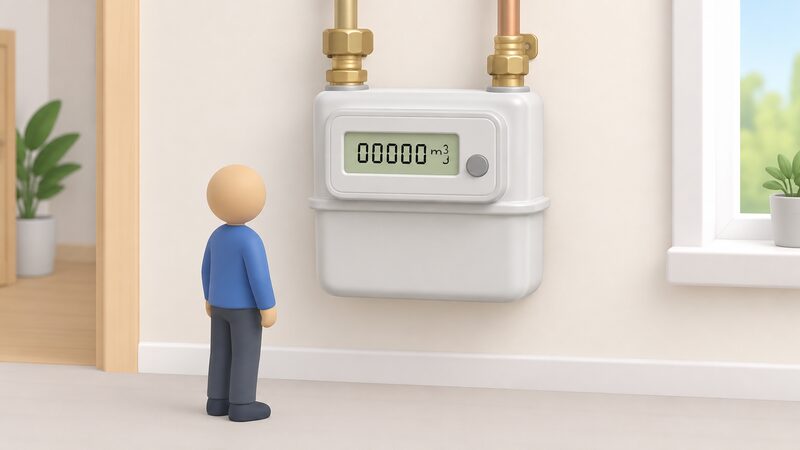 A close-up of a wall-mounted gas smart meter with its screen showing five digits before a decimal point followed by m3, with a small simplified figure standing beside it looking at the display.
