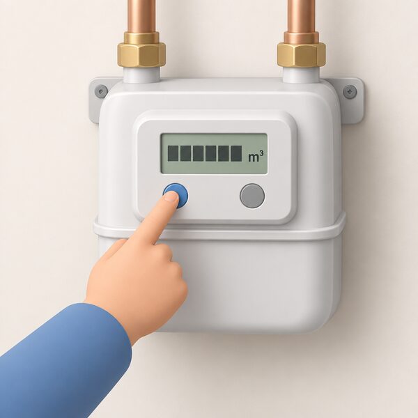 A wall-mounted gas smart meter shown close up, with a screen displaying the meter index as plain digit blocks beside the unit m3, and an A button and a B button beside the screen, one finger pressing the A button.