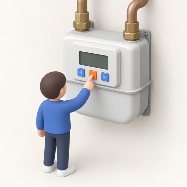 A wall-mounted gas smart meter with a blank screen, one square orange button below the screen and two square blue arrow buttons beside it, with a simplified figure pressing the orange button to wake the display.