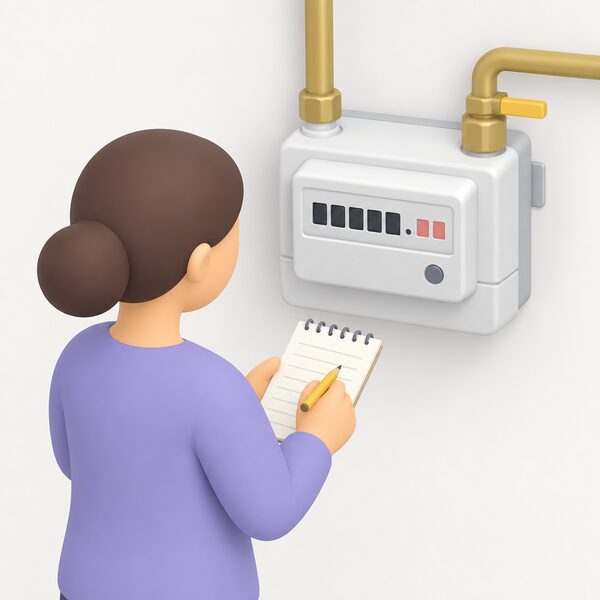 A simplified household figure stands beside a wall-mounted gas smart meter, writing on a notepad while the meter screen shows a row of digit blocks with the digits after a decimal point shown separately and ignored.
