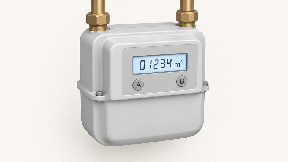 A close-up of a wall-mounted gas smart meter with an A button and a B button beside its screen, the display lit showing five digits followed by m3, with a finger-free plain composition and nothing else in the frame.