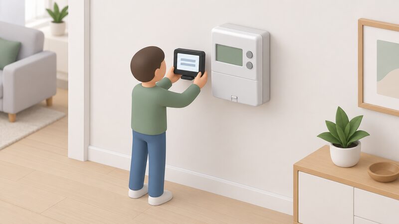 A small isometric figure holds an in-home display showing a plain connecting message on its screen, standing close to a wall-mounted smart electricity meter inside the home, illustrating moving the display nearer to the meter to restore its short-range radio link.