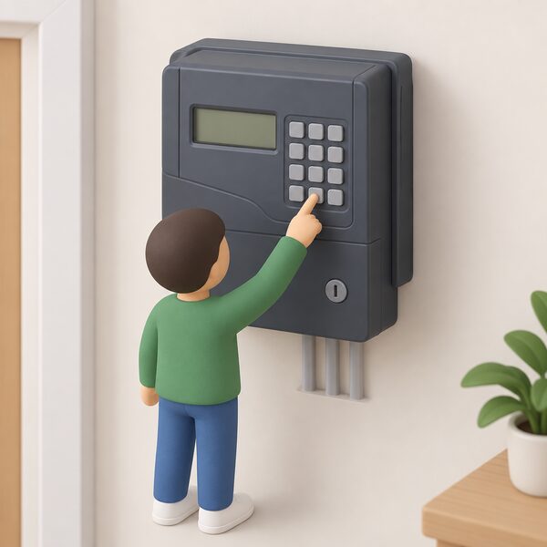 A dark grey Liberty keypad prepayment electricity meter mounted on a wall, with a small simplified figure pressing and holding the 0 key on its keypad to reset it after a power cut.