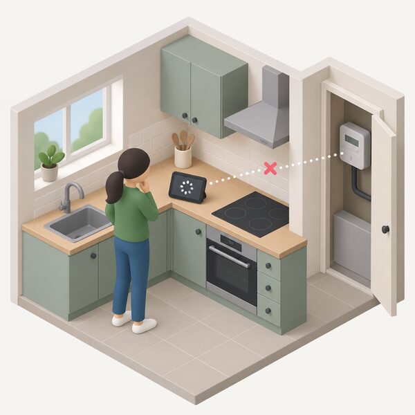 A small isometric kitchen scene showing an in-home display on the worktop with a plain screen showing a simple connecting symbol, placed away from the electricity meter which sits in a separate cupboard area, with a simplified figure glancing at the display after a power cut.